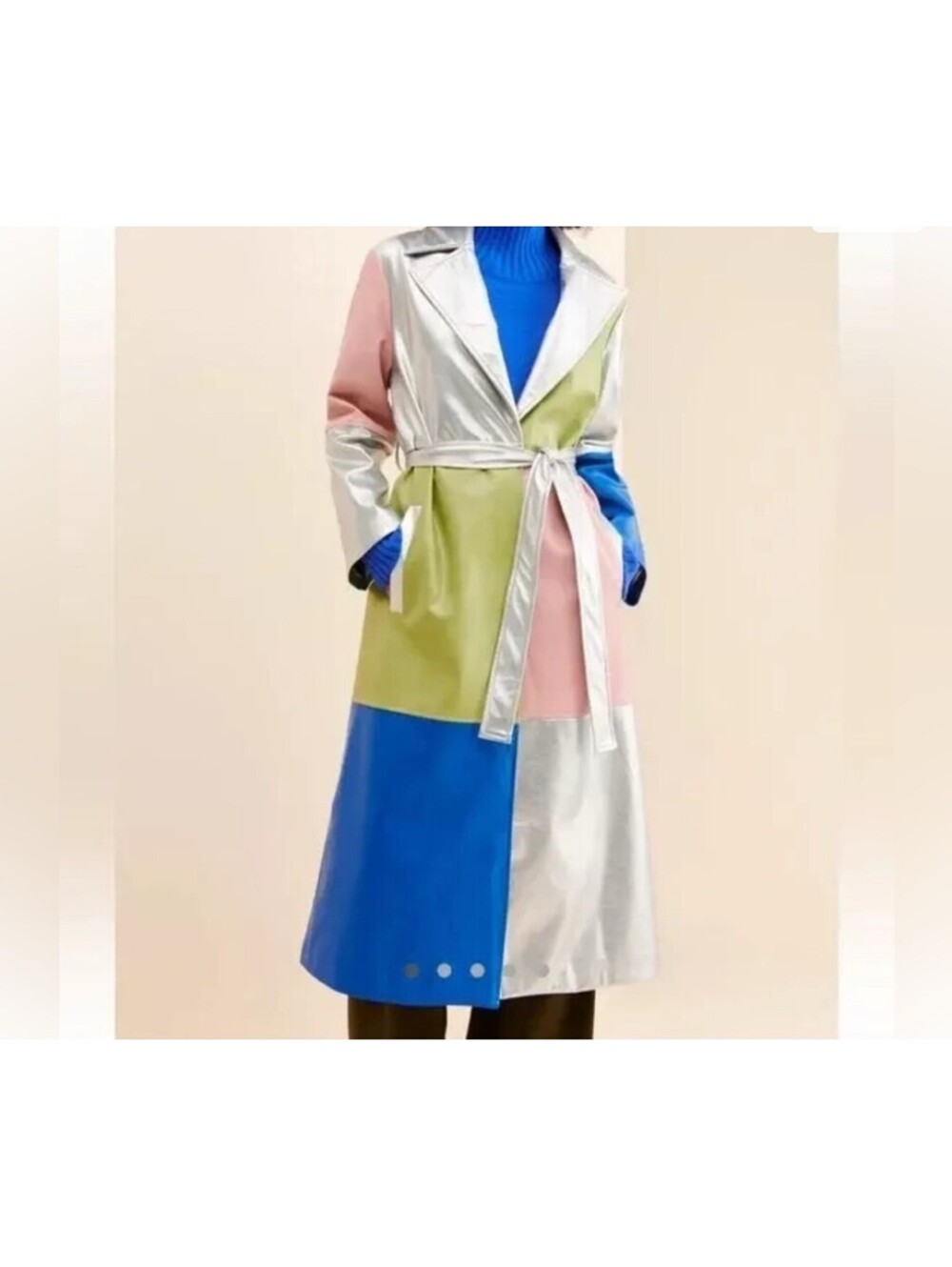 NWOT STATEMENT JARLEY METALLIC COLORBLOCK BELTED TRENCH COAT | SIZE S/M